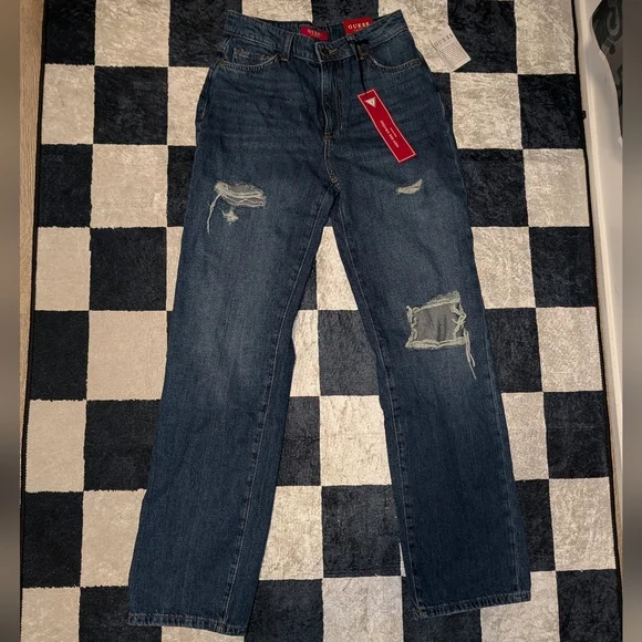 Guess Womens Distressed Straight Leg Dark Blue Jeans- New NWT - Picture 1 of 4